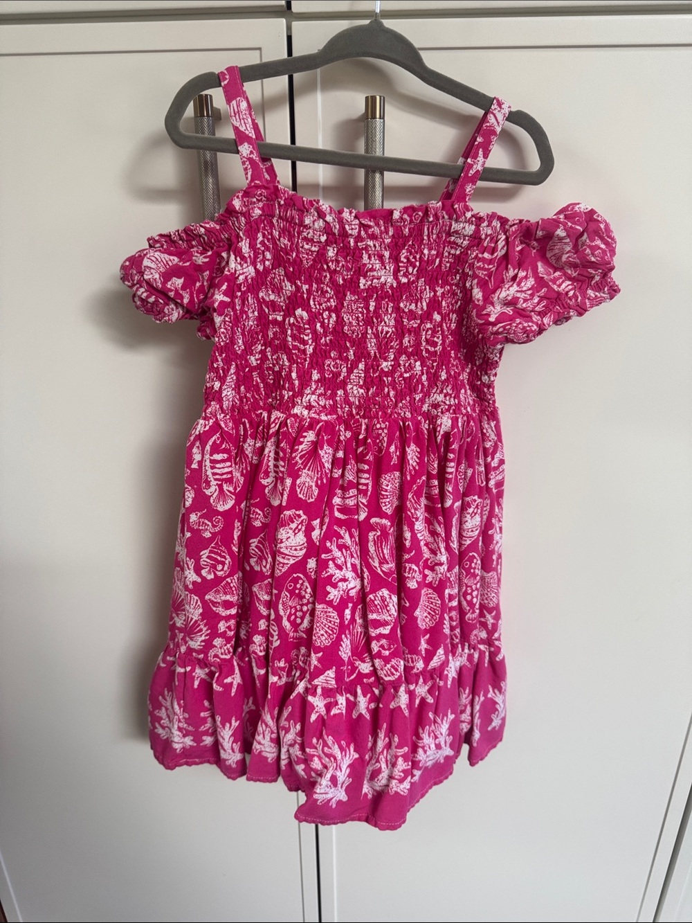 Girls Hot Pink Smocked Shell-Print Sundress